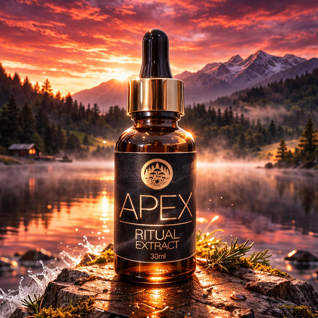 "APEX 8-Fold Botanical Complex featuring Shiitake, Reishi, and Cordyceps extracts in a 30ml apothecary-style dropper bottle, prepared via ultrasonic cavitation."