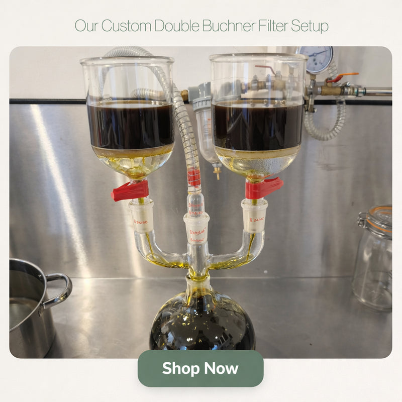 Dual vacuum filtration of mushroom dual-extract using StonyLab 3000ml glassware at Tiny Fungi lab.